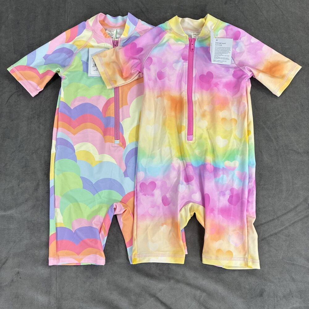 2) NEXT 5 Years UK Rainbow Print One Piece Sun Safe Swimsuits NWT Bnfts Charity